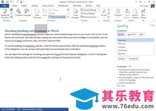如何在Word 2013中检查拼写和语法？
